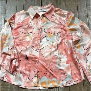 JH Collections Button Front Collar Blouse Sz XLP Soft Spring Pastel Slit Tabs